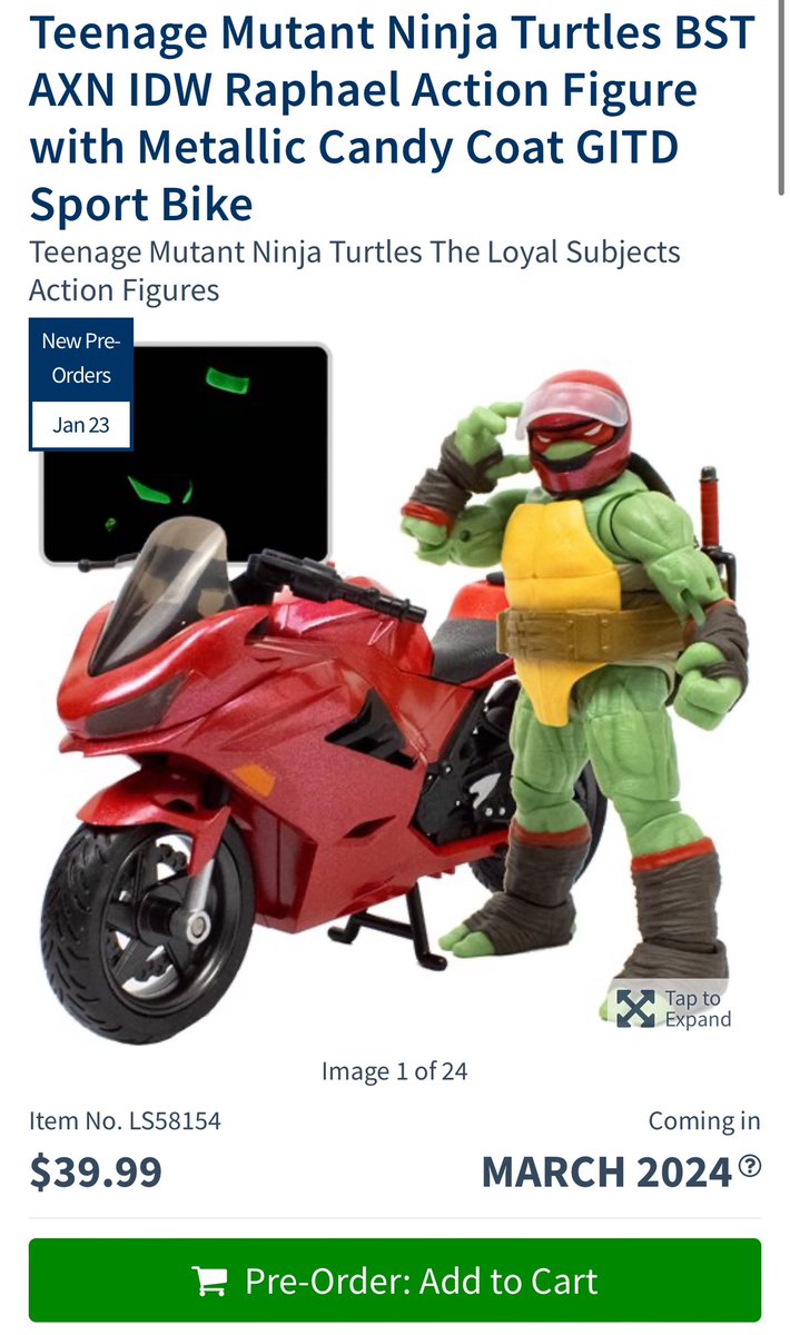 BST IDW Raph with Metallic Candy coat GITD sport bike is up for preorder through Entertainment Earth.

ee.toys/G2NWIB ($39.99)

Spend $79+ and get FREE SHIPPING with code Winter79 at checkout 

#TurtleLair #BSTTMNT #chc 
#teenagemutantninjaturtles