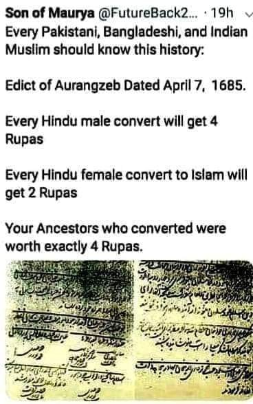 ImtiazMadmood's tweet photo. In India, some Hindu men converted to Islam for 4 Rupees and Hindu women for 2 Rupees.

To calculate today's monetary value:

1 Rupee then was an 11 gm Silver coin. So, today's Price of Silver (70 Rs. per gram), that 1 rupee of that era = roughly 700-800 Rs. of today. 

So women's conversion 2 Rupees = 1400 Rs. as of today., and men's conversion 4 Rupees = 2800 Rs. of today. 

Also, there were special taxes (Jizya) on non-Muslims, which you were exempt from if you were Muslim. So, it was additional motivation for some people to convert.

~ @SSoparo