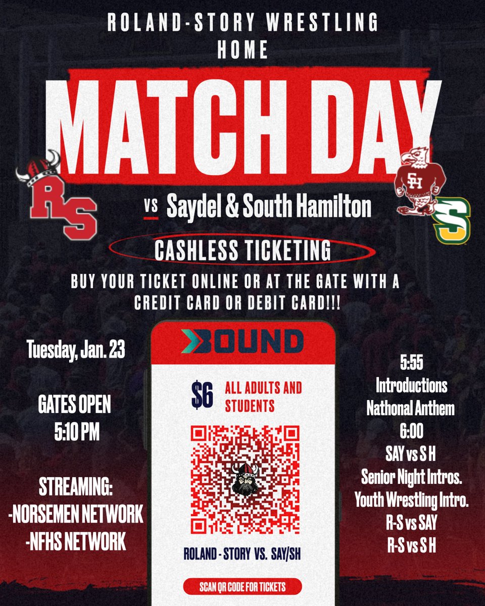 🚨MATCH DAY INFORMATION🚨
🤼‍♂️ Roland-Story Wrestling (SENIOR NIGHT)
📅 Tuesday, January 23
🆚 Saydel &amp; South Hamilton
🕐 6:00 PM (Wrestle 2nd and 3rd Rounds)
📍 Roland-Story High School
📺 shorturl.at/mzDL8
🎟️ shorturl.at/jvMZ4
