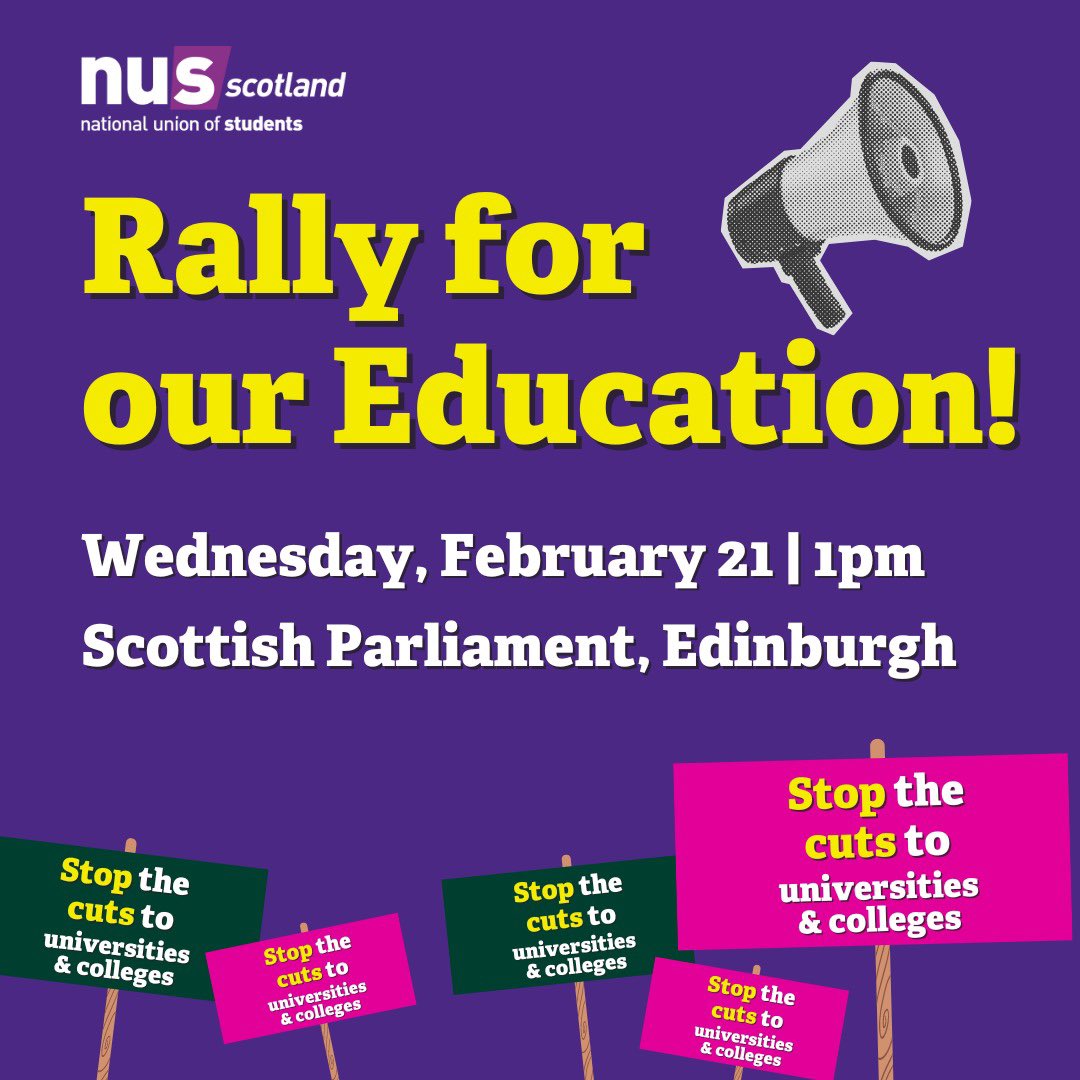 📣 STOP THE CUTS, SAVE OUR EDUCATION!

We’re holding a rally outside the Scottish Parliament to protest the cuts to our universities and colleges, and stand up for an education system that values our futures.

🗓️ Wednesday, 21 February
⏰ 1pm
👉 RSVP: nus-scotland.org.uk/rally_for_our_…