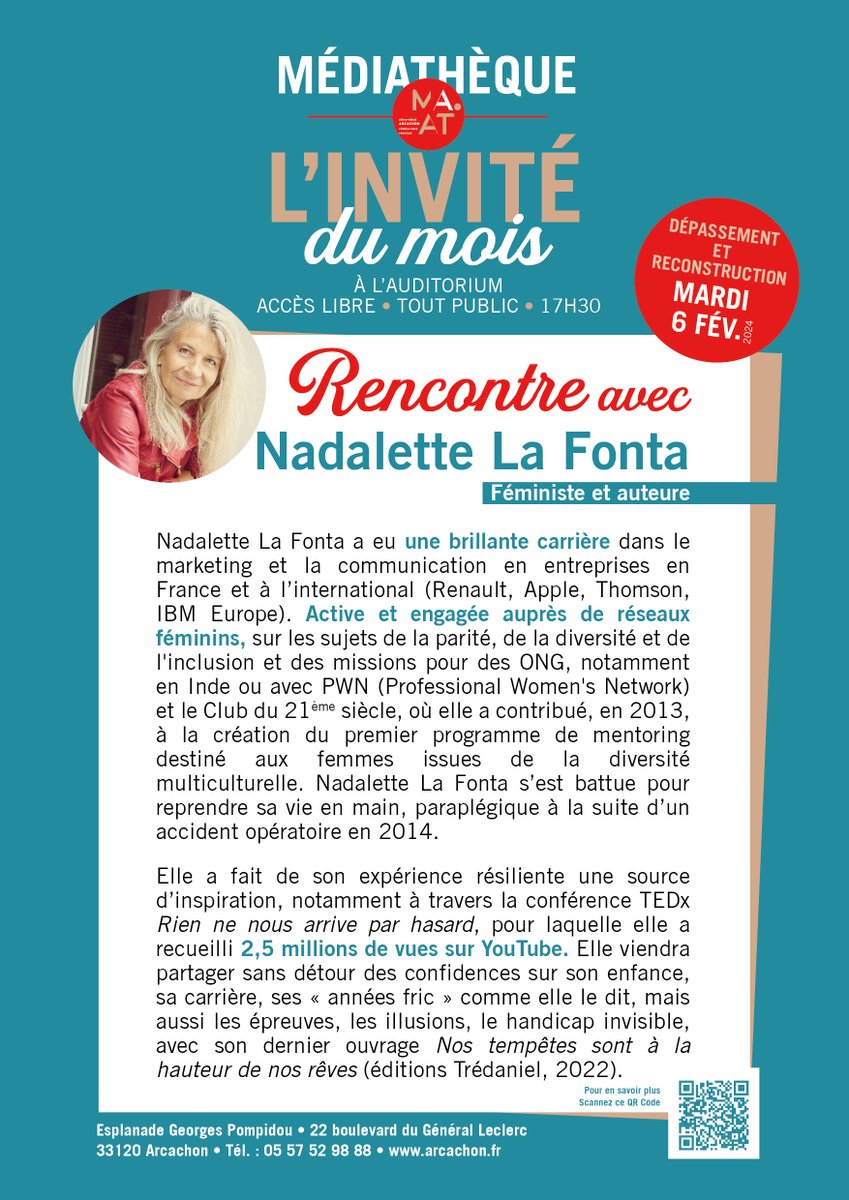 Chers amis,
J'ai la joie d'être invitée pour donner une conférence Mardi 6 février par la Médiathèque d'Arcachon et le MAAT.
17 h 30 - Entrée libre, aurais-je le plaisir de vous y voir?
N'hésitez pas à partager et à venir accompagnés.

Amicalement