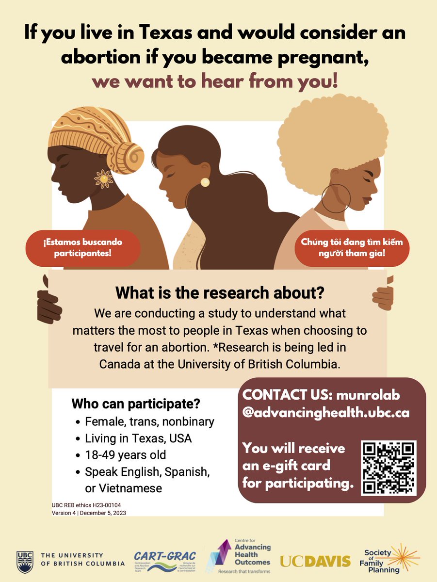 📣 New study alert!

If you live in Texas, are 18 to 49 years old, and would consider having an abortion if you were to become pregnant, we want to hear from you!

Note: If you like/share this post you will be publicly identified with the study.