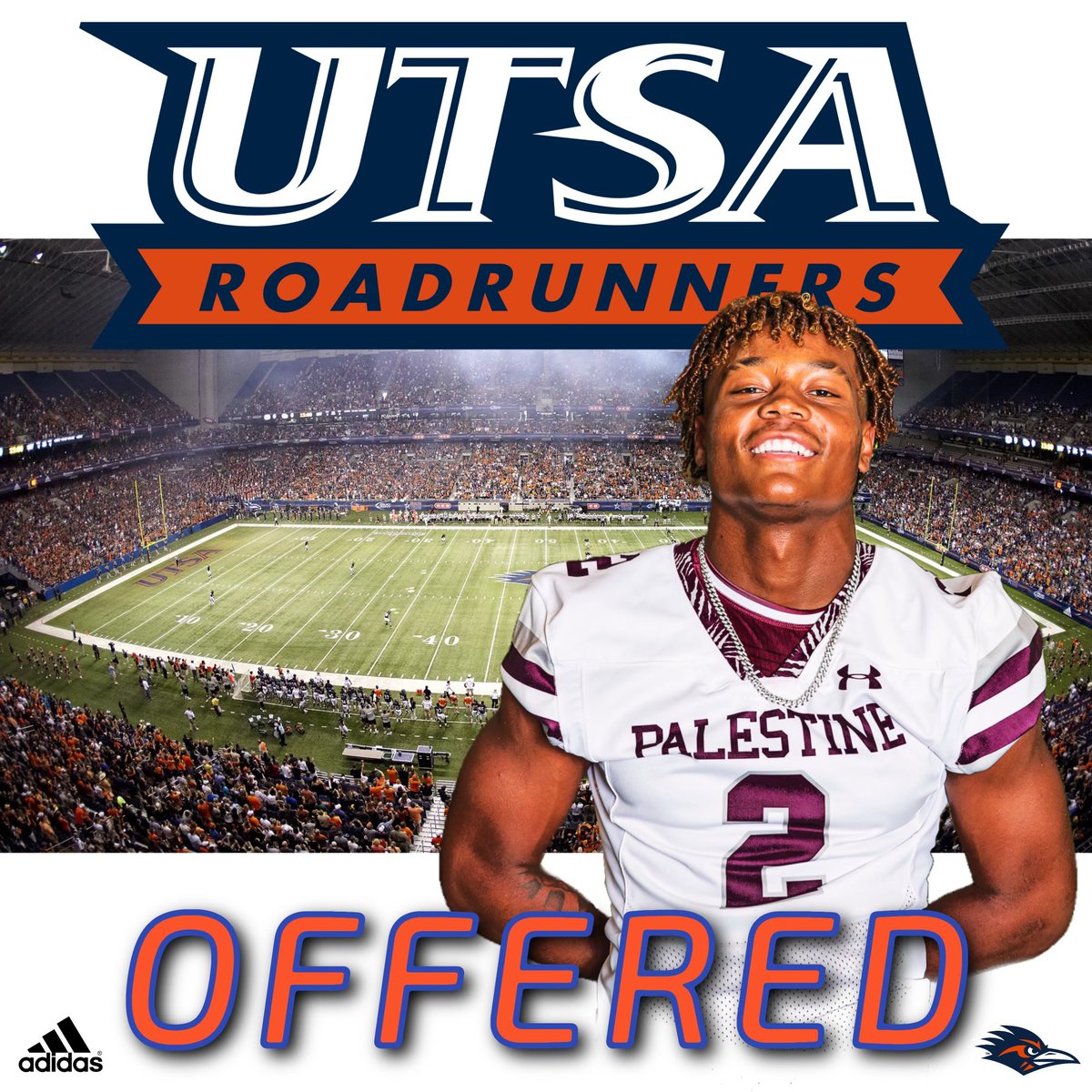 #AGTG Blessed to receive an offer from UTSA! Thank you !
#BirdsUp

<a href="/CoachBrownUTSA/">Coach Zach Brown</a> 
<a href="/UTSAFTBL/">UTSA Football 🏈</a> 
<a href="/CoachTimYoder/">Tim Yoder</a>  
<a href="/247Sports/">247Sports</a> 
<a href="/on3/"></a> 
<a href="/BrandonOSports/">Brandon Ogden</a> 
<a href="/Palestine_FB/">Palestine Football</a>