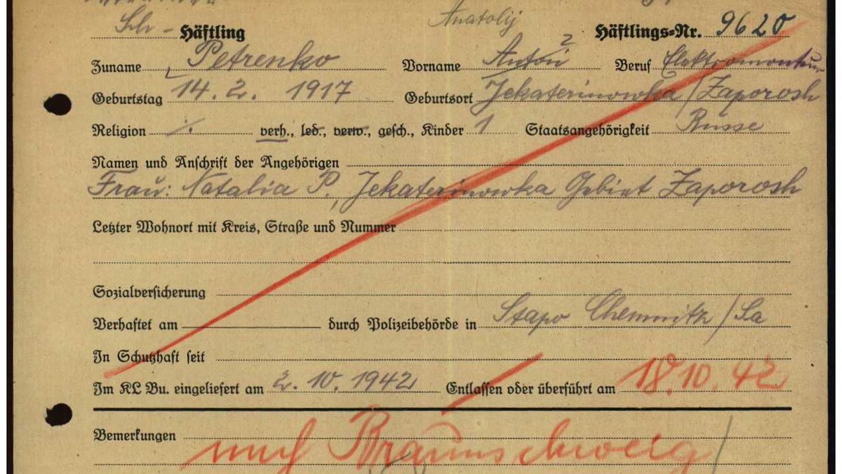 Anatolj Petrenko wurde in der Ukraine geboren, war politischer Häftling und wegen Sabotage verhaftet. Er kam 1942 aus dem KZ #Buchenwald nach #Salzgitter und verstarb am 08.04.1943 im #KZDrütte. Er war verheiratet und hatte ein Kind. #wissenwaswar