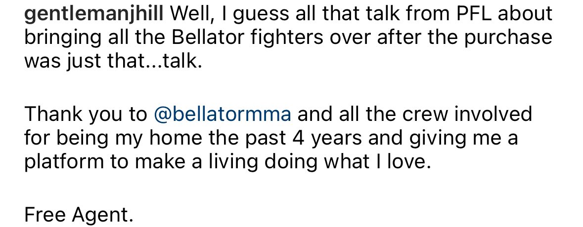 Per his Instagram Canadian 🇨🇦 Bantamweight Josh Hill says his contract was not brought over after the PFL/Bellator merger.
He is now a free agent.
#PFL #Bellator #MMA #MMATwitter