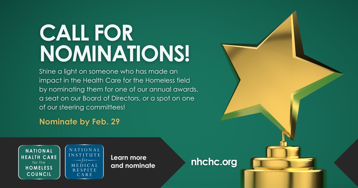 Do you know an outstanding #homeless health care provider or advocate? We are accepting nominations for our annual awards as well as our Board of Directors and the steering committees that help guide our work. We want to hear from you! Nominate by Feb. 29: nhchc.org/2024-call-for-…
