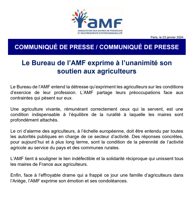 Le Bureau de l'AMF exprime à l'unanimité son soutien aux agriculteurs ➡️amf.asso.fr/documents-le-b…