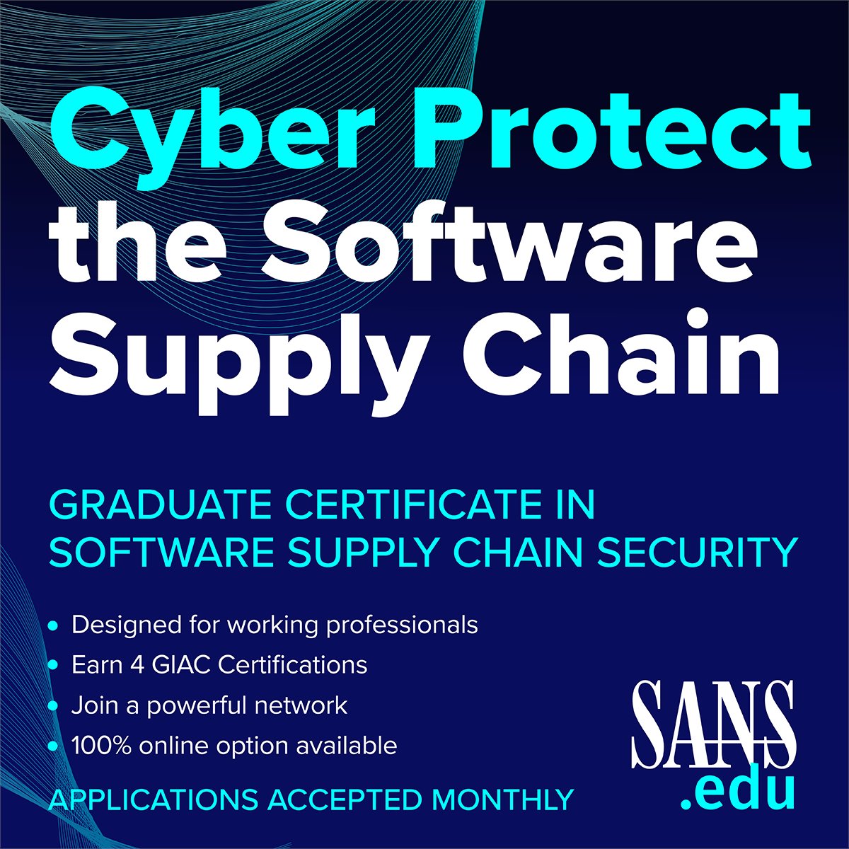 🆕 We are excited to announce a new graduate program in Software Supply Chain Security at #SANS_EDU View the program curriculum: bit.ly/supply-chain-s…