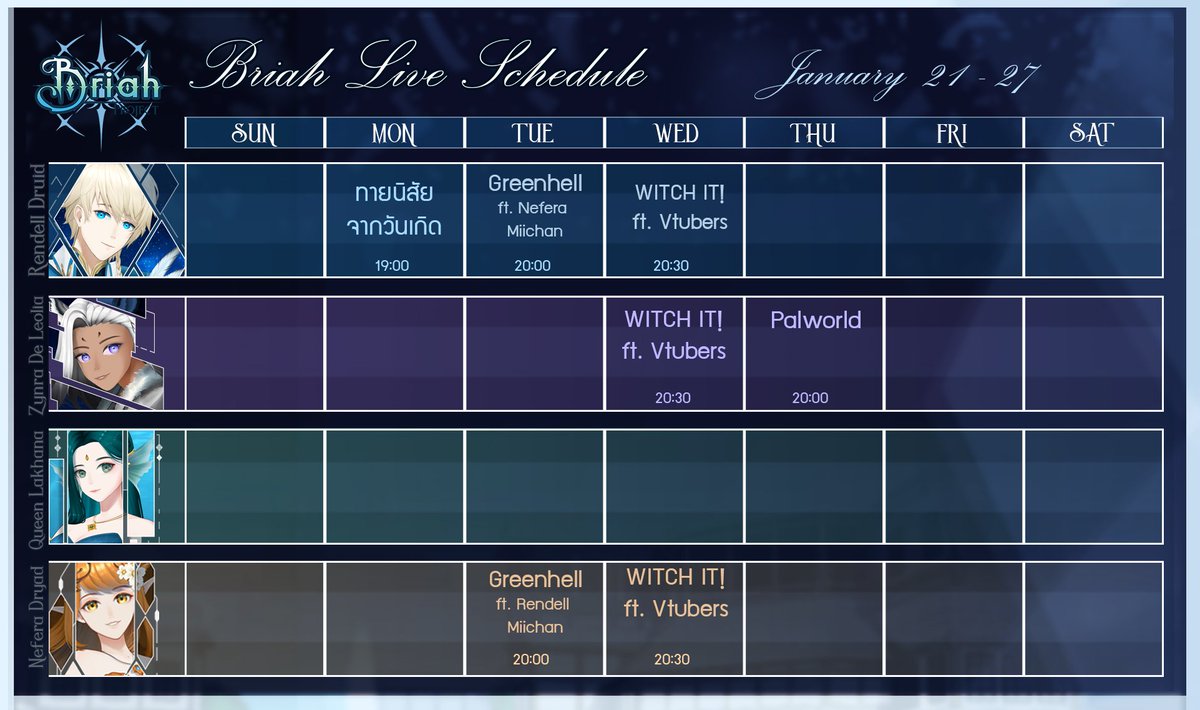BriahProject's tweet photo. ตารางไลฟ์บ้านไบรอาห์ วันที่  21 - 27  มกราคม 2567
💙💜💚🧡
#BriahProject #VtuberTH #Vtuber #VtuberThai  #Vtubers https://t.co/9viXRdMPlX
