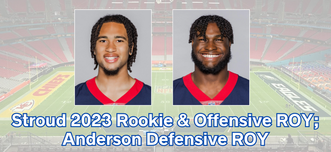 Houston's C.J. Stroud selected 2023 PFWA Rookie of the Year and Offensive Rookie of the Year; Texans' Will Anderson Jr. named Defensive Rookie of the Year; All-Rookie Team selected: profootballwriters.org/2024/01/23/hou…