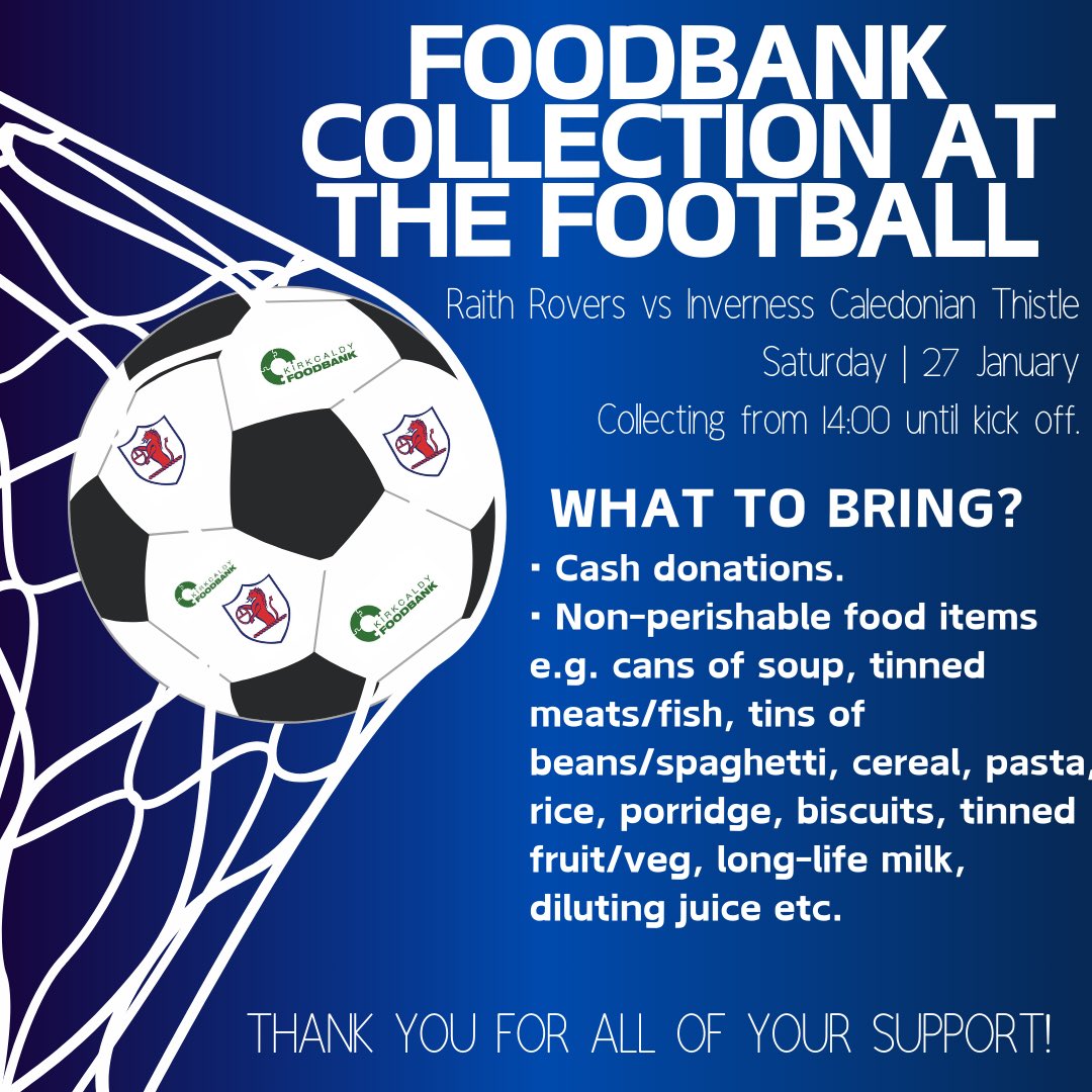📣 Calling all Raith fans!📣

Kirkcaldy Foodbank will be collecting donations before kick off THIS SATURDAY at the match against ICT‼️

If you can, please bring along something to donate!🌟

Support your local team &amp; your local foodbank💚

Thank you @raithrovers_fc 👏🏼