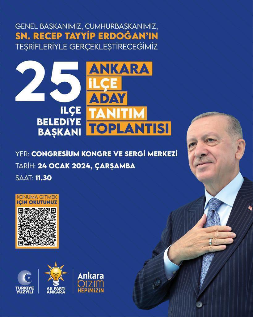 #YenidenAnkara için Hazırız!

Sayın Genel Başkanımız ve Cumhurbaşkanımız <a href="/RTErdogan/">Recep Tayyip Erdoğan</a>'ın katılımlarıyla,İlçe Belediye Başkanları Aday Tanıtım Programı gerçekleştireceğiz.

Tüm Ankaralı hemşehrilerimizi davet ediyoruz.

📍ATO Congresium
🗓️24 Ocak 2024 Çarşamba  
⏱️ 11:30