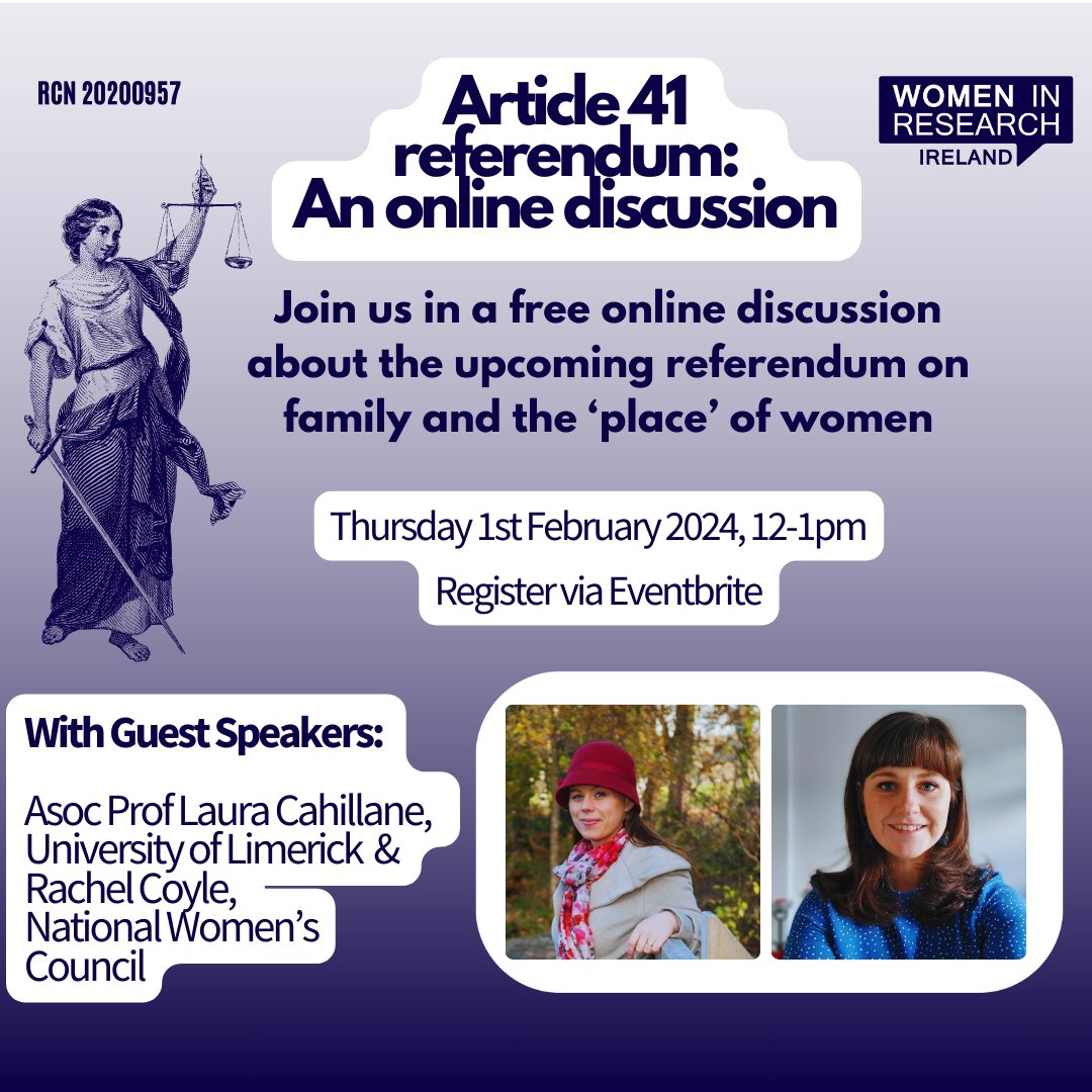 WIRI are looking forward to welcoming guest speakers @LaurCah and Rachel Coyle @NWCI to an online discussion about the upcoming Article 41 referendum.