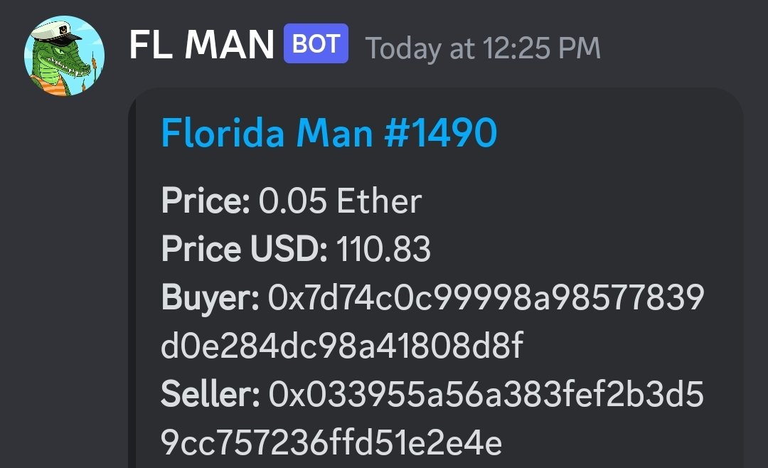 Florida Man Sales Bot 🤖 (@flmansales) on Twitter photo 🐬 🍊<a href="/FLmanNFTs/">Florida Man</a> #1490 SOLD FOR .05 $ETH 📈
#ZoosDayTuesdays is here at #FloridaMan
🚨 WHO'S NEXT? 👇 📈 🐬 🍊<a href="/FLmanNFTs/">Florida Man</a> #1490 SOLD FOR .05 $ETH 📈
#ZoosDayTuesdays is here at #FloridaMan
🚨 WHO'S NEXT? 👇 📈