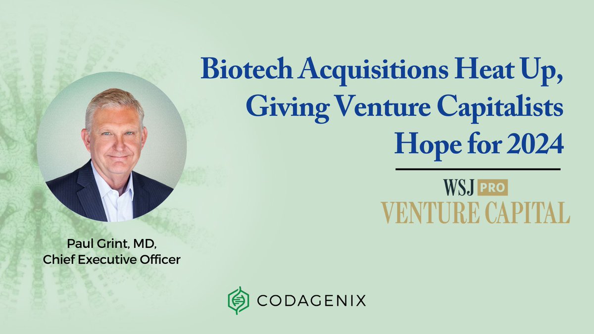 Codagenix CEO, Paul Grint, MD, was interviewed for this <a href="/WSJVC/">WSJ Venture Capital</a> feature by Brian Gormley about the recent uptick in #biotech acquisitions.

Read here: wsj.com/articles/biote…

#biopharma #innovation #healthcare