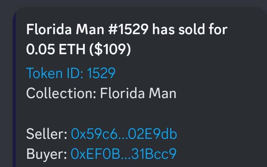 Florida Man Sales Bot 🤖 (@flmansales) on Twitter photo 🕊️ <a href="/FLmanNFTs/">Florida Man</a> #1529 SOLD FOR .05 $ETH 📈
#ZoosDayTuesdays is here at #FloridaMan
🚨 WHO'S NEXT? 👇 📈 🕊️ <a href="/FLmanNFTs/">Florida Man</a> #1529 SOLD FOR .05 $ETH 📈
#ZoosDayTuesdays is here at #FloridaMan
🚨 WHO'S NEXT? 👇 📈