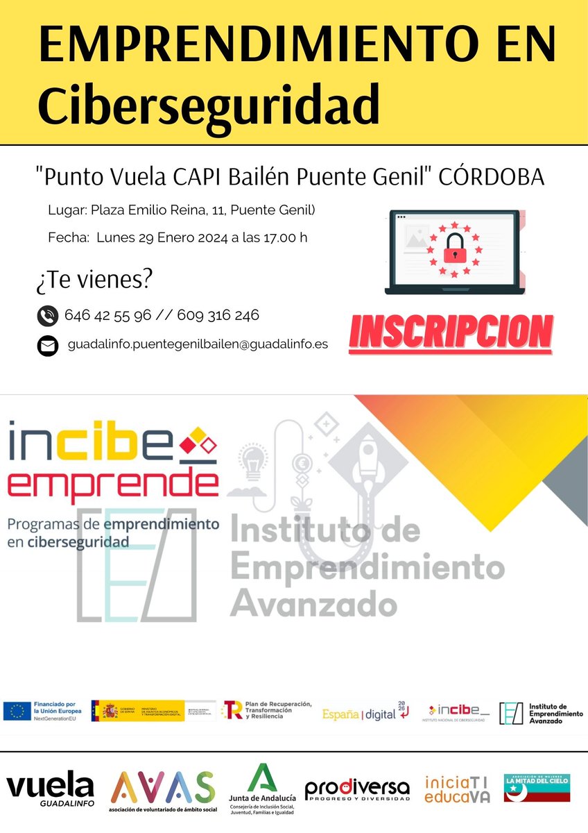 capibailen's tweet photo. No te pierdas la charla sobre ciberseguridad que ofrecerá INCIBE, colabora IEA, AVAS y Centro CAPI BAILEN el próximo 29 de Enero a las 17.00.
Inscripciones: https://t.co/jngrE5jylZ https://t.co/jKmKGhzPHf