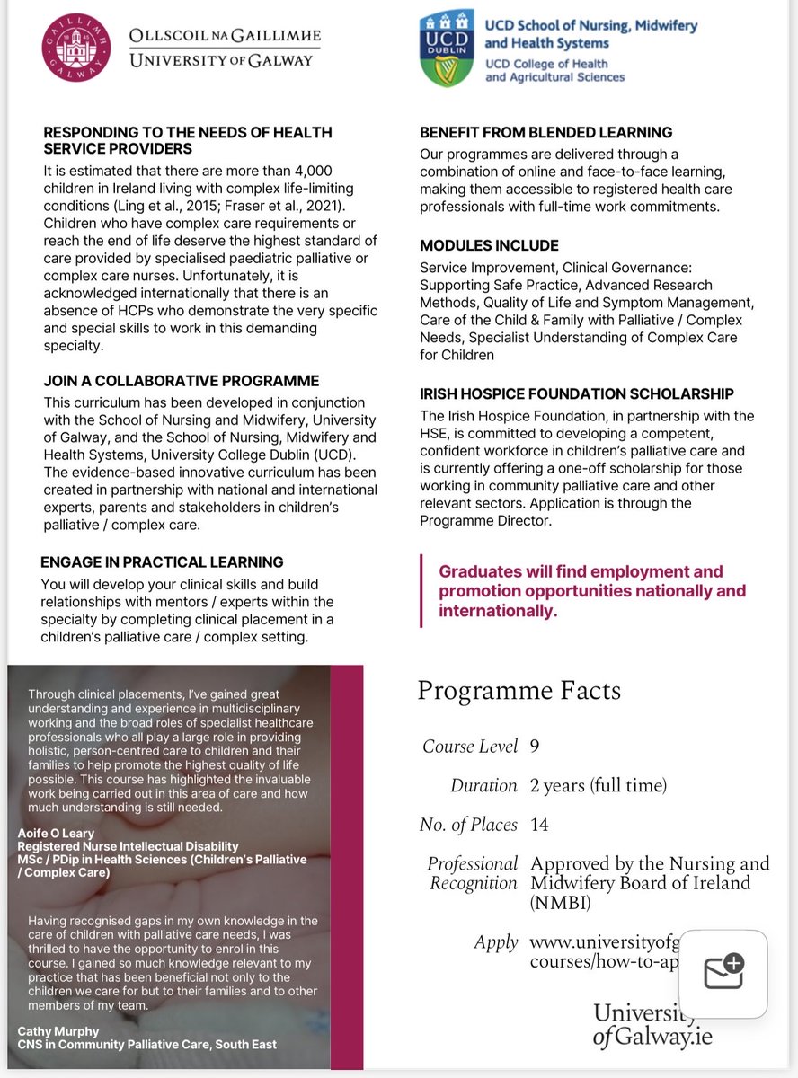 Thrilled to share flyer for PGD/MSc in children’s palliative and complex care, academic year 24/25. Scholarships may be available for suitable candidates. This includes full PG diploma and stand alone modules ⁦@IrishHospice⁩ ⁦@AIIHPC⁩