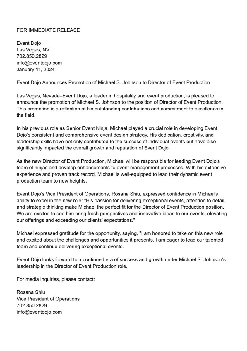 EventDojo's tweet image. Exciting news!! Congratulations to Michael S. Johnson on his promotion to Director of Event Production! Event Dojo is looking forward to a wonderful 2024 with our amazing clients and friends! 🎉