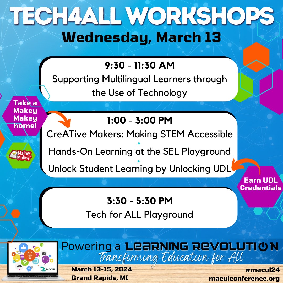 Heading to #MACUL24 this year? Check out the #Tech4All workshops on Wednesday. We have some AMAZING offerings and can't wait to talk about making learning accessible for ALL with YOU! <a href="/MACUL/">MACUL</a> #edtech #edchat