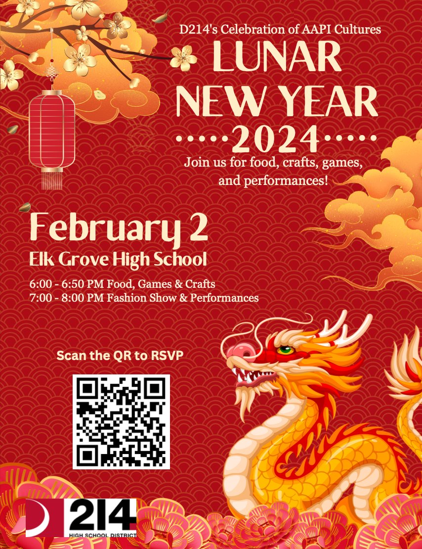 Get ready for @District214 AAPI Lunar New Year Celebration at @ElkGrove_HS! 🐉🥳🎈