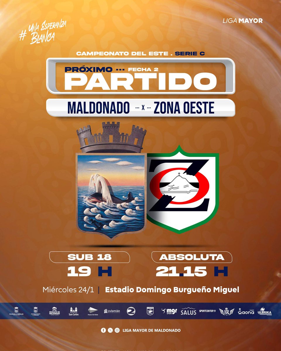 🔜 𝙀𝙇 𝘾𝙇𝘼𝙎𝙄𝘾𝙊

🆚️ Zona Oeste 
🏟 Domingo Burgueño Miguel 
🏆 Copa Nacional de Selecciones <a href="/OFIUruguay/">OFI</a>
🗓 Miércoles 24/1
⌚️ 19hs Sub18 / 21.15hs Absoluta
🎟 $250 Generales / $300 Palco
📌 Trib.D.Fontes (MLDO). Trib.R.Sosa (ZO)

#UnaEsperanzaBlanca #VamosMaldonado 🐳🏳️‍