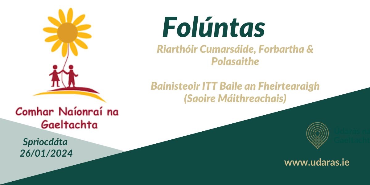 Údarás na Gaeltachta (@udarasnag) on Twitter photo Tá <a href="/comharnaionrai/">Comhar Naíonraí na Gaeltachta</a> ag earcú.
Breis eolais ag udaras.ie/oiliuint-fosta…
#SíognabPost #Folúntais Tá <a href="/comharnaionrai/">Comhar Naíonraí na Gaeltachta</a> ag earcú.
Breis eolais ag udaras.ie/oiliuint-fosta…
#SíognabPost #Folúntais