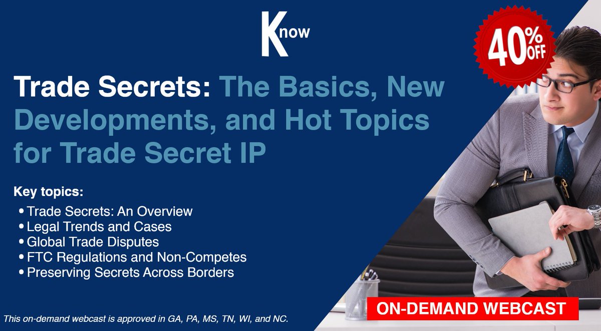 Get to know the recent trends and developments in the evolving trade secret landscape in our on-demand webcast.

Watch it here: zurl.co/4SFX

Use the code HELLO2024 to get 40% OFF.

#TradeSecrets #IntelelctualProperty #IP #CLE #ondemand #webcast