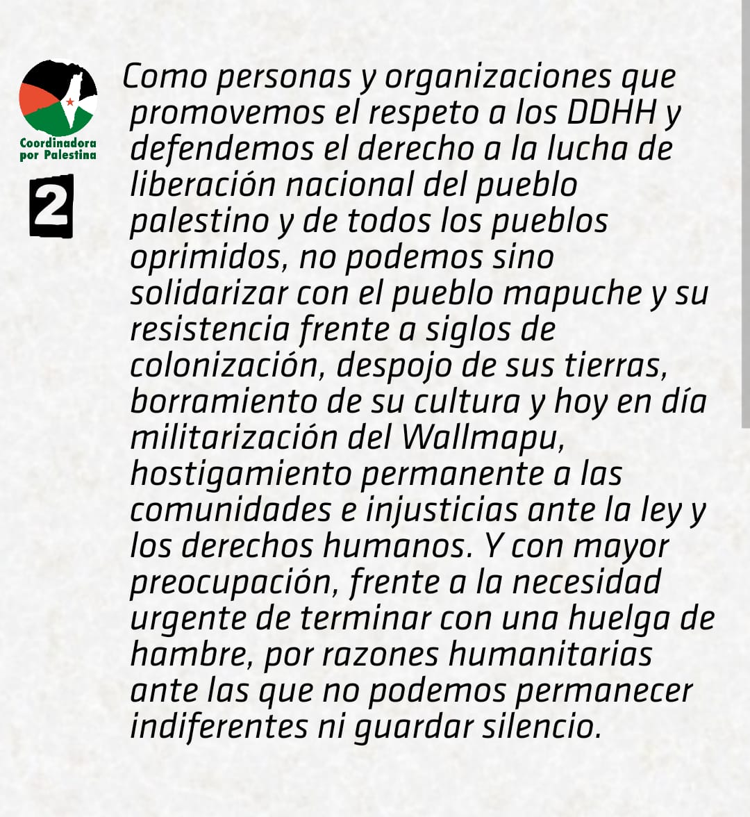 Como Coordinadora por Palestina, nos pronunciamos frente a la situación de comuneros mapuche en huelga de hambre 👇🏾