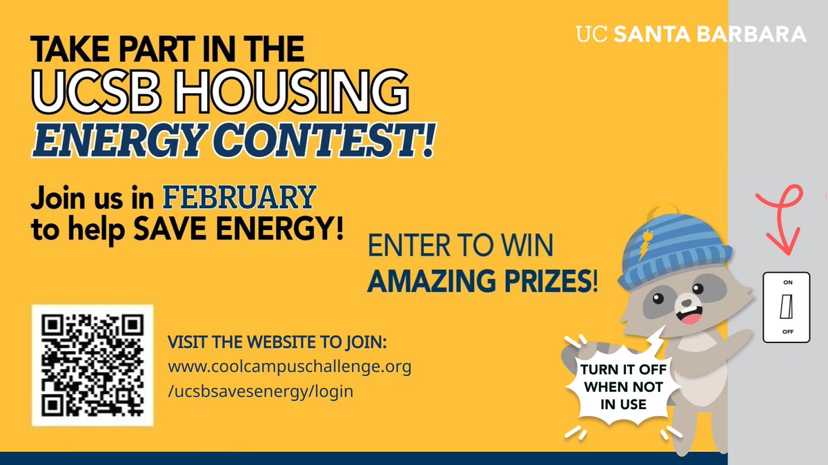 ⚡Join the #UCSB Housing Energy Contest starting February 1 to Febraury 28!⚡

Help your building take home the gold! Here’s how:
1️⃣ Sign up: coolcampuschallenge.org/ucsbsavesenergy
2️⃣ Click teams at the top right &amp; join your building's team
3️⃣ Earn points by taking action to reduce energy use!