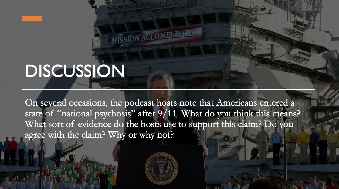 Today in my US in the 21st Century class, we discussed an episode of @blowbackpod. The students learned a great deal about the Iraq War and the Bush administration, about which most of them had never been taught. (One student asked me which political party Bush belonged to.)