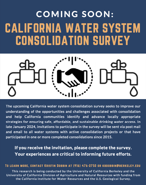 The CA water system consolidation survey is just about to launch! If your water system receives an invitation to complete the survey in the coming weeks, please take the time to fill it out. We need your expertise!