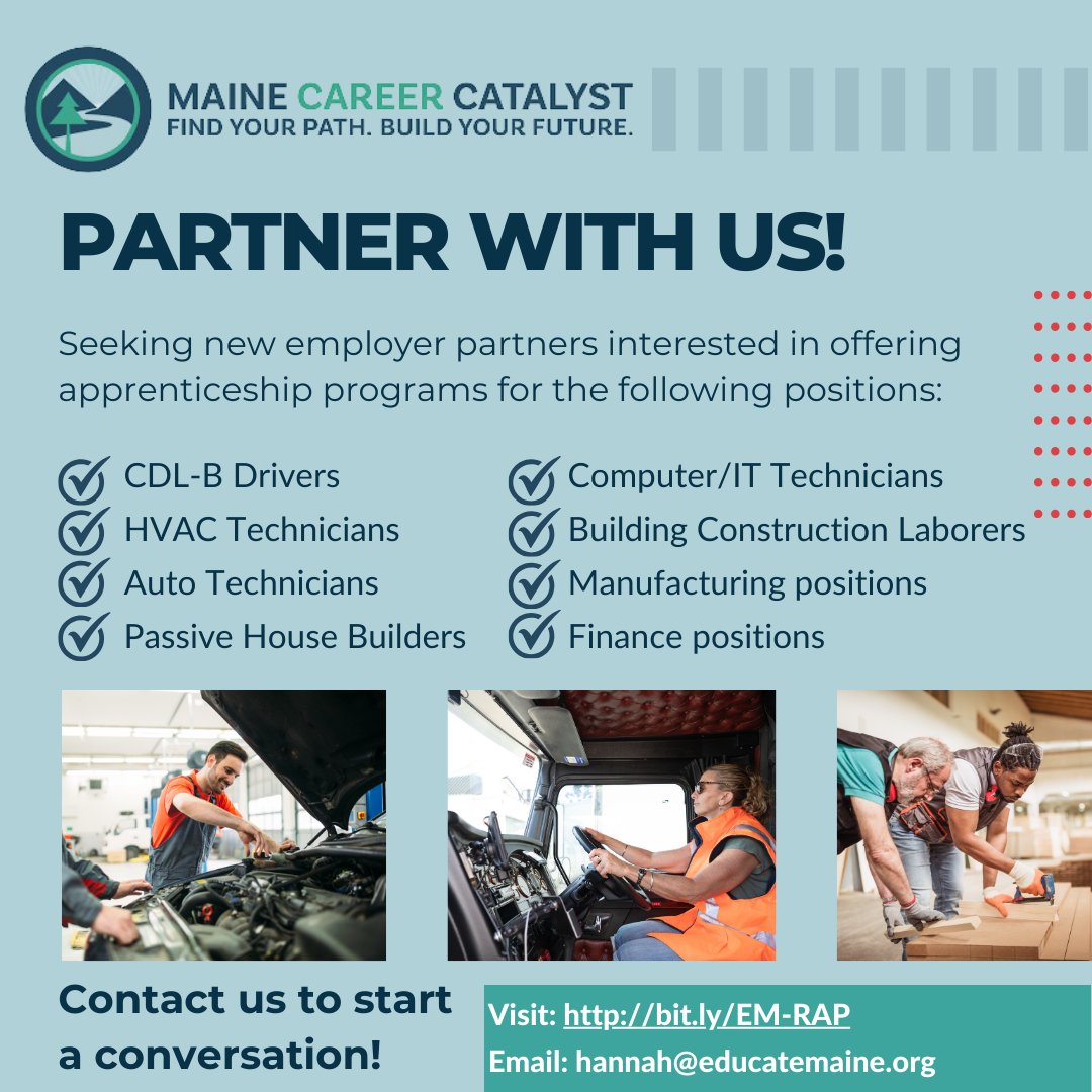 Educate Maine is looking to #partner with employers interested in offering #apprenticeship opportunities to attract, train, & retain new hires! Contact us to learn how apprenticeship may be a good fit for you, and how Educate Maine can include you in our existing programs!