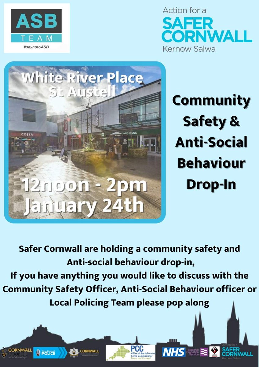 There will be a community safety drop-in tomorrow from 12-2 at White River Place, St Austell. 

It's a fantastic chance for you, the community, to come and meet the local Police and Community Safety Team.
We look forward to seeing you there!
#SaferStAustell