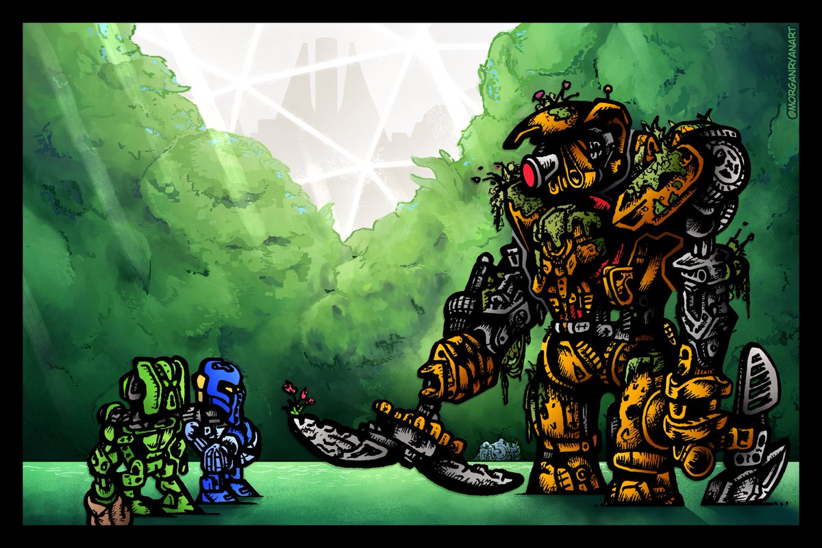 🌼  Macku and Makani enter into the long abandoned arboretum of Le-Metru, and meet the ancient and noble cyclops #Keetongu! 🌼 #laputa #CastleintheSky x #Bionicle crossover! prints avaliable in my shop, link below! Charity Commision 9 for LostHead ❤️. #ghibli #lego #fanart