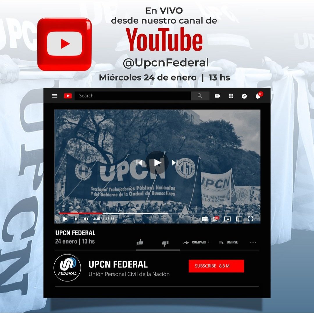 🔴 Este #24E, desde las 13 h, seguí la transmisión en vivo por el canal de YouTube de UPCN Federal.

Paro y movilización en contra del atropello del gobierno a través de la #leyómnibus y el #DNU. 

 #lapatrianosevende #CGT