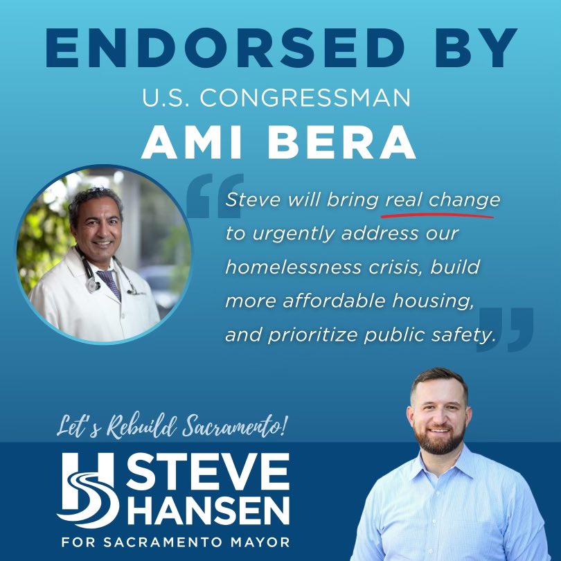Thank you @BeraForCongress for your steadfast leadership for Sacramento in Congress and your endorsement of our campaign. I’m honored to have him on #TeamSteve and look forward to working together to deliver for Sacramento families. #OurCityOurFuture 🏡🌳