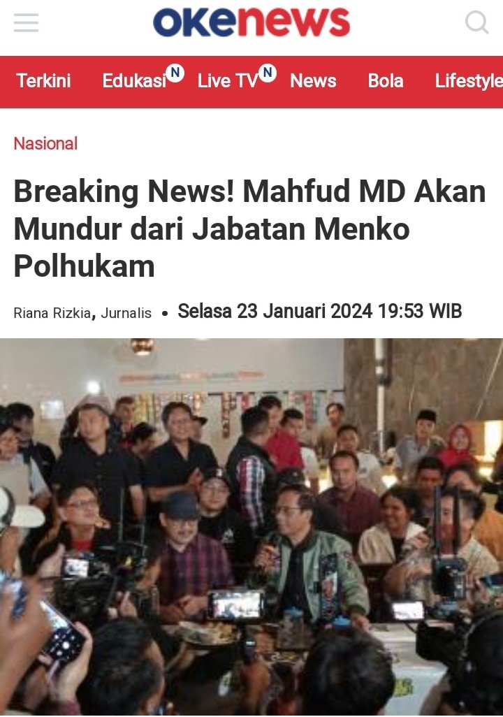 Respek..!
Prof Mahfud akan mundur dari jabatan Menko Polhukam.
Demi menjunjung tinggi Netralitas dalam konstelasi Pemilu 2024

Seharusnya Prabowo dan Gibran juga ikut mundur.