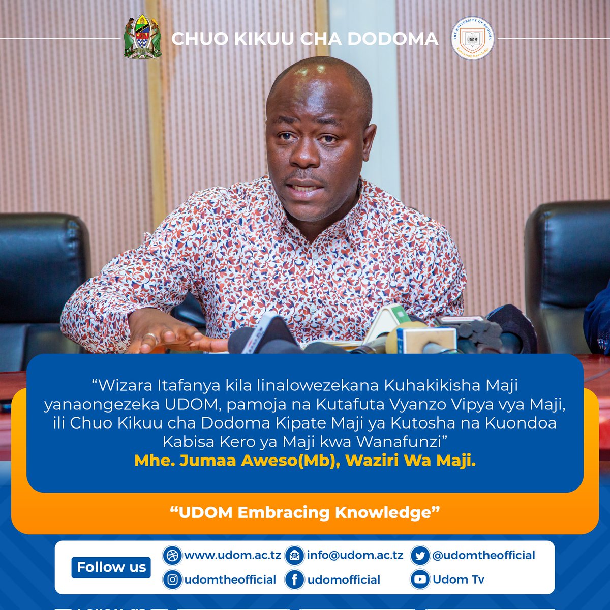 udomtheofficial's tweet photo. Ziara ya  Waziri wa Maji Mhe.Jumaa Aweso  ya ufuatiliaji hali ya upatikanaji wa majisafi Chuo Kikuu cha Dodoma
@JumaaAweso
@wizara_elimuTz
@DrTaxs

"UDOM Embracing Knowledge " https://t.co/yaoZK3uoAe