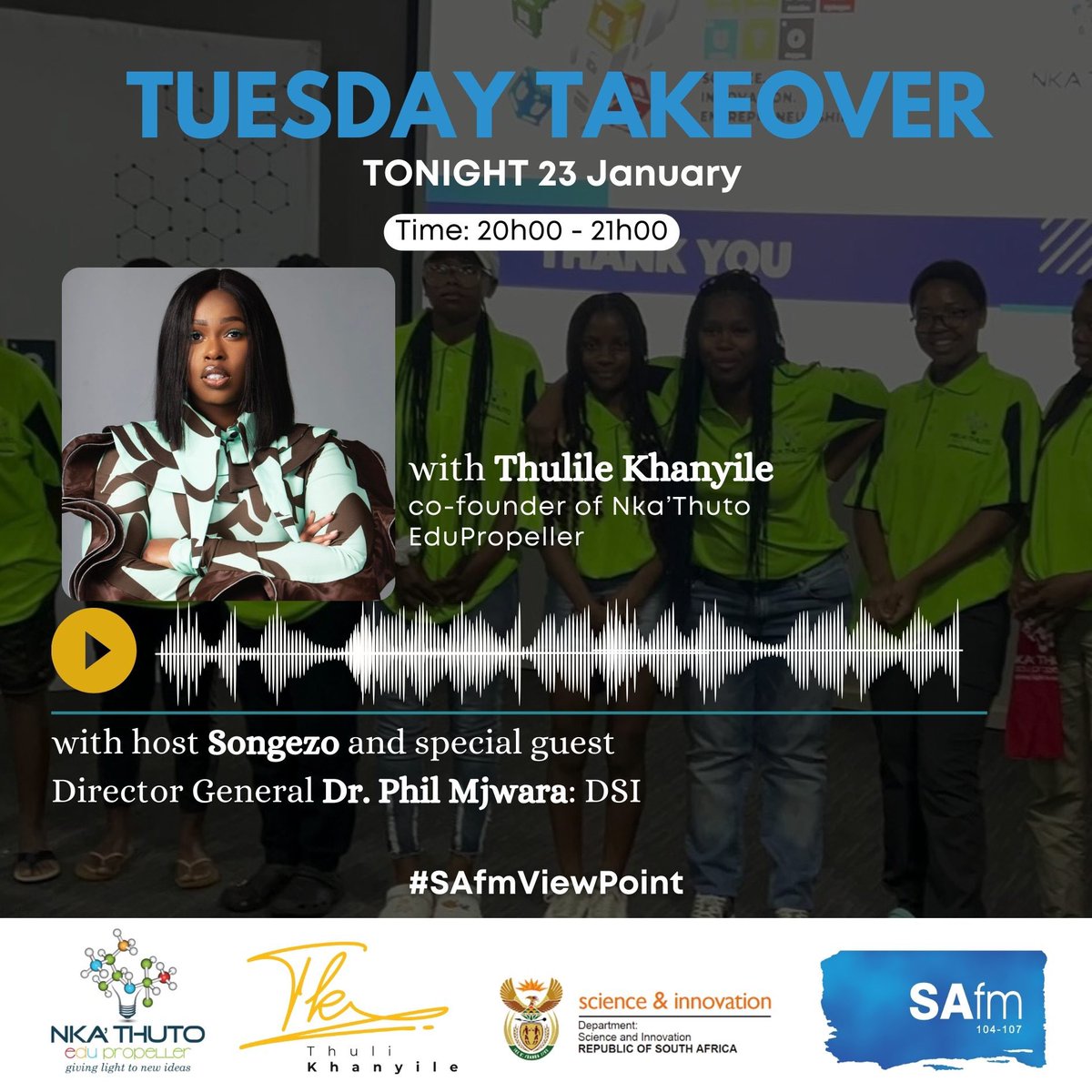 nkathuto_edu's tweet image. Catch our co-founder Thulile Khanyile on SAfm tonight with her special guest, Director General Dr. Phil Mjwara. Tune in to hear their interesting discussion!

#SAfmViewPoint
#TuesdayTakeover
#ThulileKhanyile #nkathutoedupropeller #STEMLeaders #innovation #stemeducation