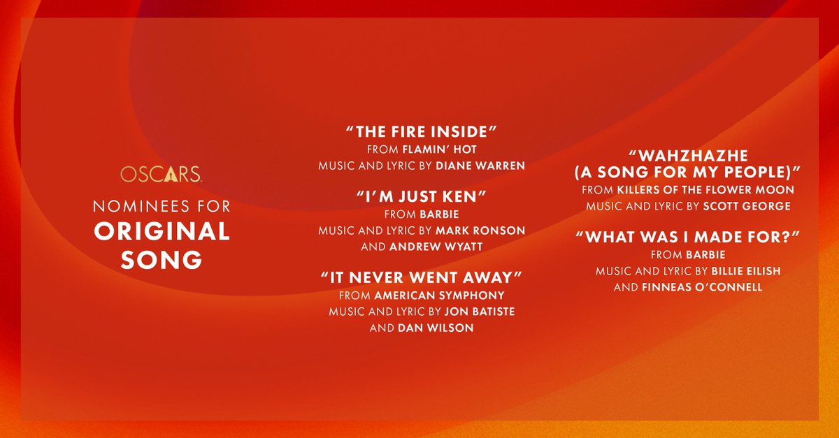 TheAcademy's tweet photo. This year's Original Song nominees are music to our ears... #Oscars https://t.co/aBsxxYEiwg