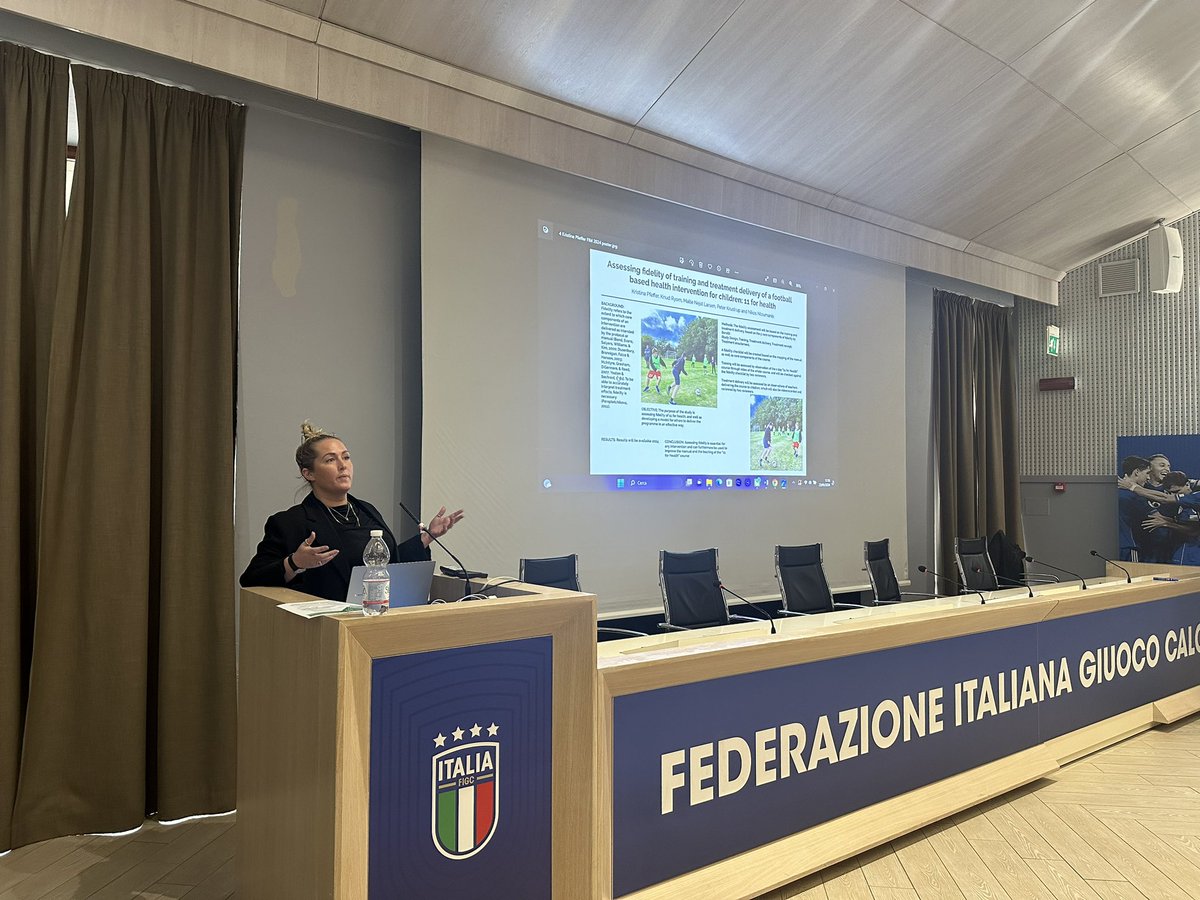 Today, Kristina Pfeffer, PhD student in DRIVEN, presented her second study 'Assessing fidelity of training and treatment delivery of a football based intervention for children: 11 for Health' at the Football is Medicine Conference in Coverciano, Italy 
#driven #fim #conference