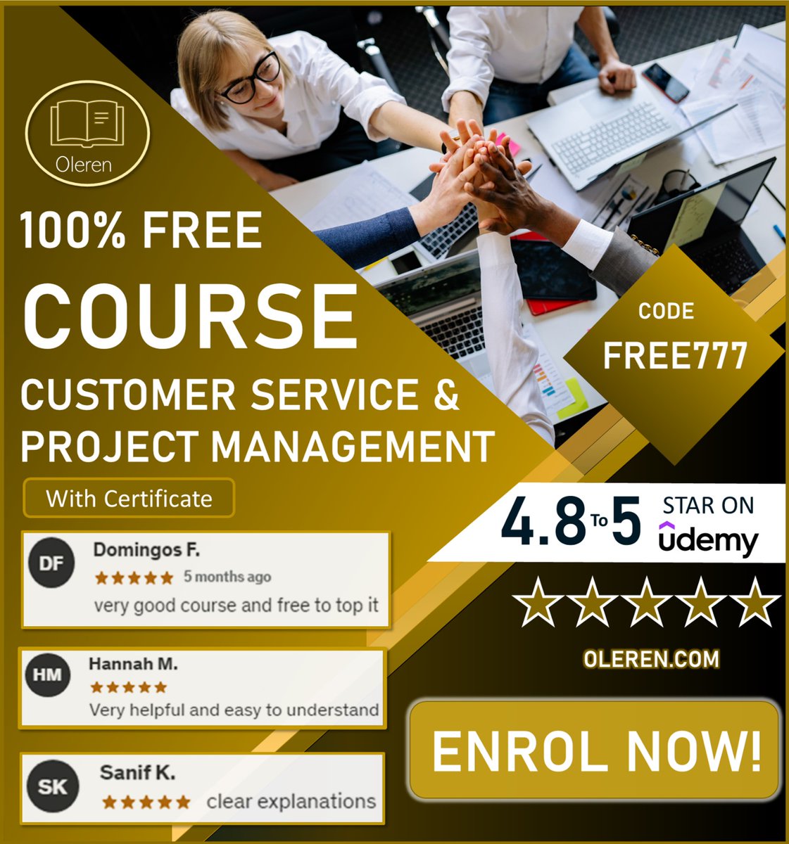 #Oleren in London is giving the opportunity to take courses 100% FREE - Customer Service & Project Management with Certificates of Completion. Click the link to auto add courses to cart with 100% discount code FREE777 -Link Direct to Apply discount oleren.com/coupons/free777 1/2