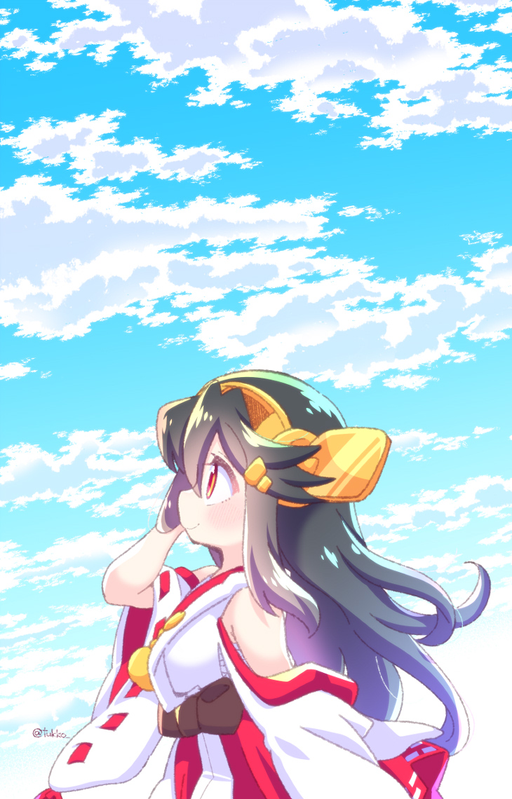 haruna (kancolle) 1girl long hair solo nontraditional miko black hair cloud sky  illustration images