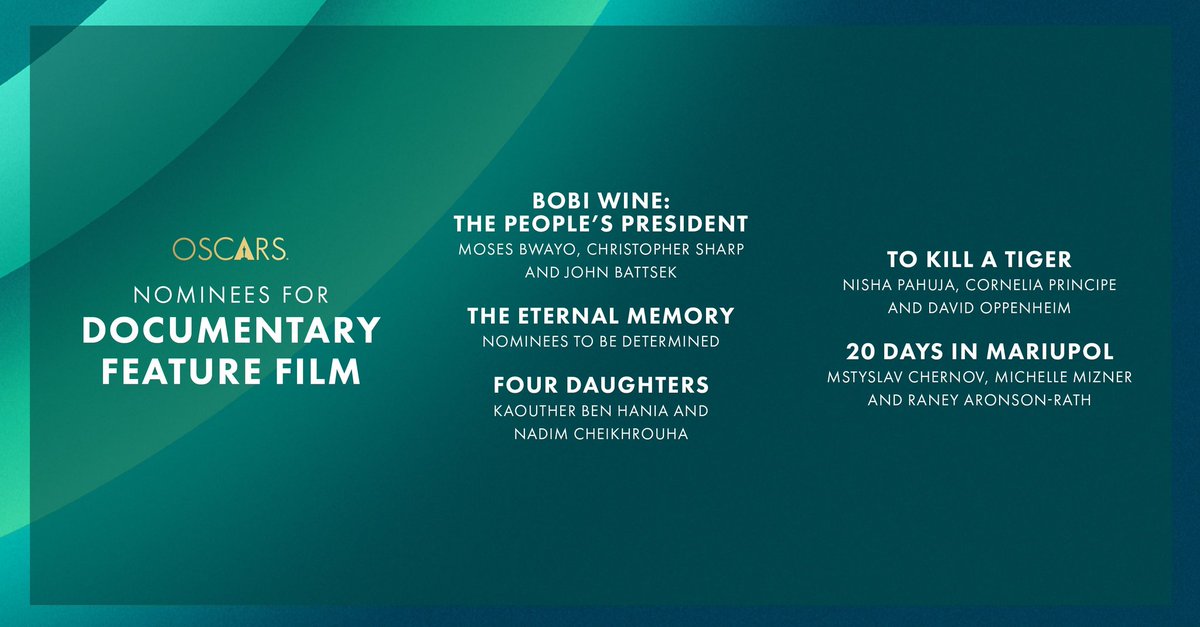 #Oscars2024 
#Oscar

⚠️ ATENCIÓN ⚠️

Nominadas en los #Oscars a mejor documental:

▪️ #BobiWineThePeoplesPresident
▪️ #TheEternalMemory
▪️ #FourDaugthers
▪️ #ToKillATiger
▪️ #20DaysImMariupol