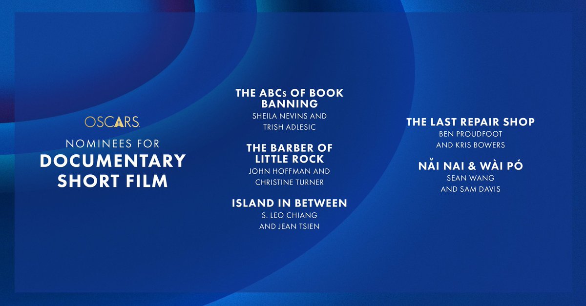 #Oscars2024 
#Oscar

⚠️ ATENCIÓN ⚠️

Nominadas en los #Oscars a mejor corto documental:

▪️ #TheAbcBookOfBanning
▪️ #TheBarberOfLittleRock
▪️ #IslandInBetween
▪️ #TheLastRepairShop
▪️#NâiNaiWàiPó