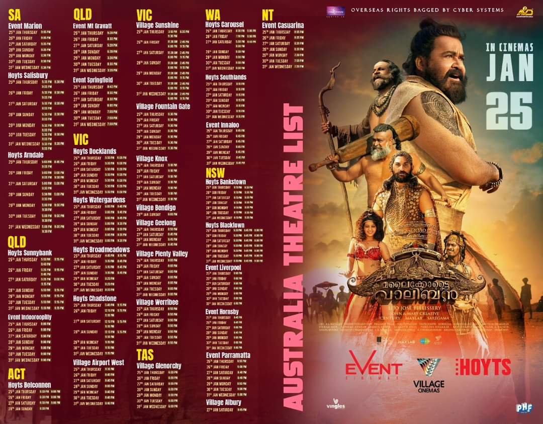 Get ready for the breathtaking premier! 🎥 

#MalaikottaiVaaliban, hitting screens from Jan 25. 😍

Book your tickets now and don't miss out on this epic adventure!🥳

Overseas right bagged by @cybersystemsaus ❤️‍🔥

 #Mohanlal @Mohanlal @PharsFilm @aashirvadcine @vinglesentmt