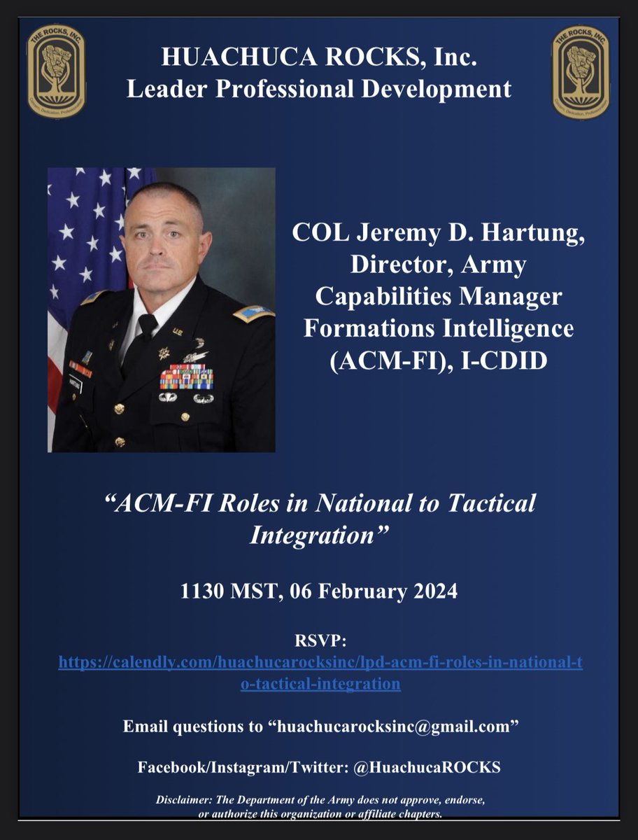 HuachucaROCKS's tweet photo. What: ACM-FI Roles in National to Tactical Integration
Where: Huachuca ROCKS Zoom, Virtual 
When: 1130 MST, 06 February 2024
Who: COL Hartung (ACM-FI Director)
Link: https://t.co/MyGCwZZlff https://t.co/Hcmgehz8Qh