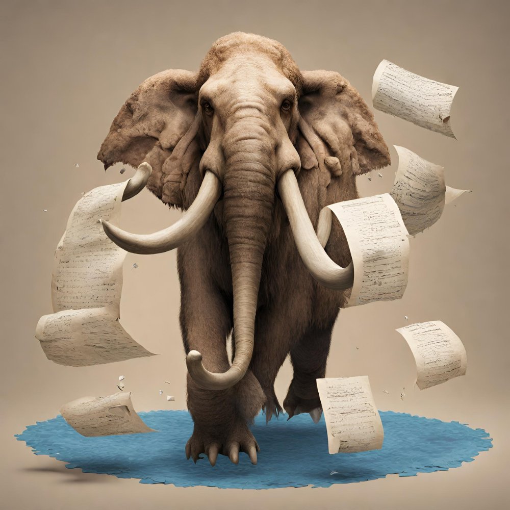 Imagen generada por IA de un elefante o mamut avanzando sobre un charco de agua y hojas de papel escritas flotando alrededor.