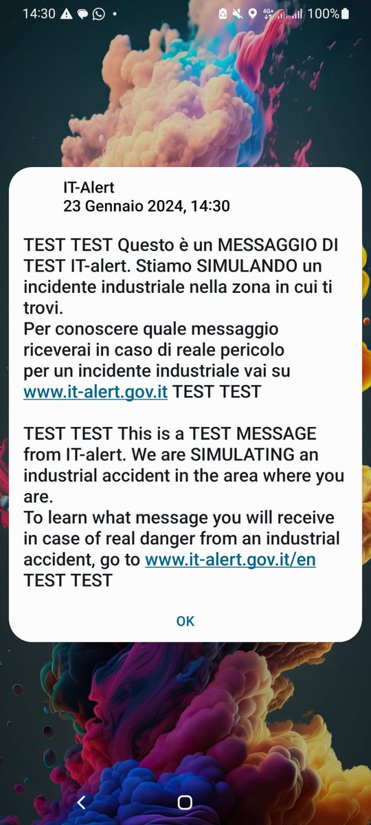 Ecco il messaggio #ITAlert che le persone tra #Prato e #CampiBisenzio hanno ricevuto in occasione del test di incidente rilevante alla Toscochimica. 
E tu, l'hai ricevuto? 
Se ti trovi nella zona interessata dal test compila il questionario: forms.office.com/pages/response…